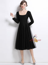 Square Neck Puff Sleeve Stitching Mesh Dress