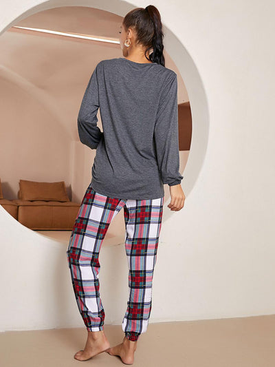 Plaid Long Sleeve Home Pajamas Suit