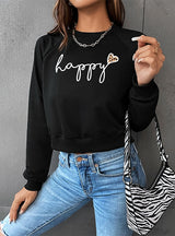 Exposed Navel Round Neck Letter Printed Top