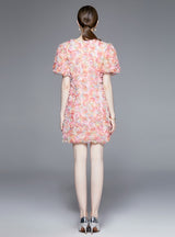 V-neck Short-sleeved Colorful Gauze Flower Dress