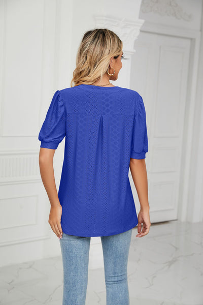 Casual V-neck Hollow Bubble Sleeve Loose T-shirt