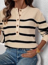 Women Striped Contrast Button Sweater