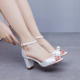 7 cm Thick-heeled Round Head Pearl Sandals