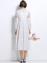 V-neck Lantern Sleeve Lace Embroidered Dress