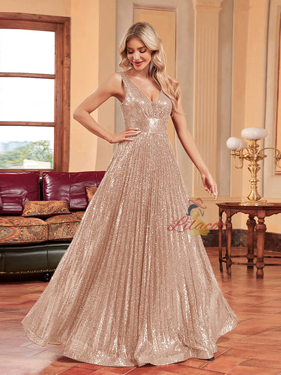 Champagne Sequins Deep V-neck Prom Dress