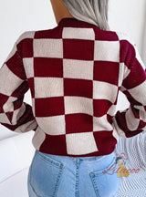 Contrast Check Long Sleeve Knitted Sweater