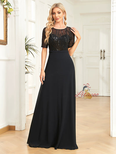 Black Short Sleeve Sequins Prom Dress