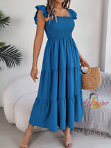 Solid Color Square Neck Silm Waist Dress