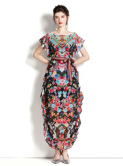 Printed Chiffon Ruffled Retro Dress