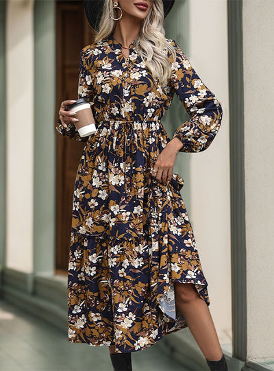 Retro Printed Long Sleeve V-neck Dress