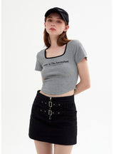 Square Collar Letter Slim Short Sleeve T-shirt