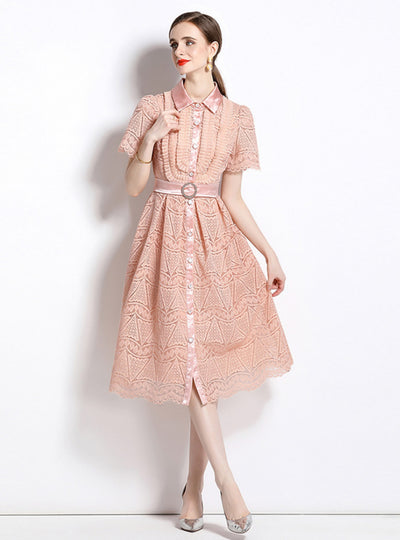 Lapel Heavy Industry Openwork Lace Dress