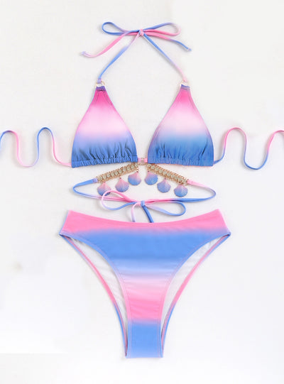 Sexy Strap Gradient Shell Crystal Diamond Bikini