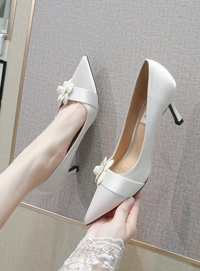 Bridal White Flower Satin High Heels Shoes