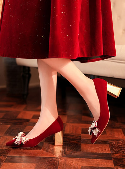 Red Thick Heel Bow Wedding Shoes