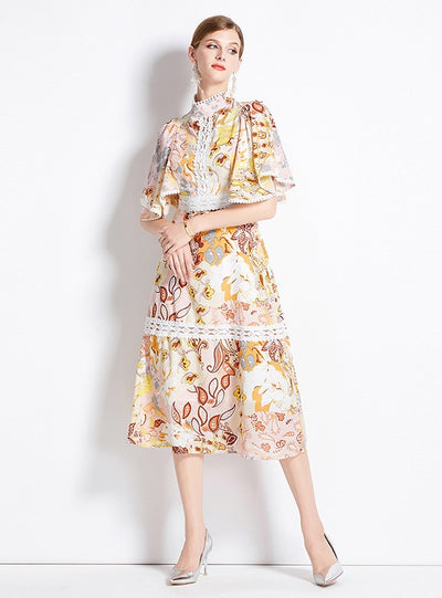 Lotus Leaf Sleeve Slim Waist Print Dress