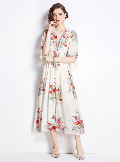 Flower Bubble Sleeves Slim Floral Dress