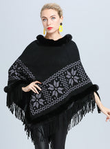 Flower Jacquard Fur Collar Fringed Shawl