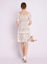 Solid Color Lace Square Collar Short Sleeve Dress