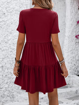 V-neck Pleated Short-sleeved Dress