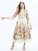 Lantern Sleeve Floral Print Long-sleeved Ruffled Dress