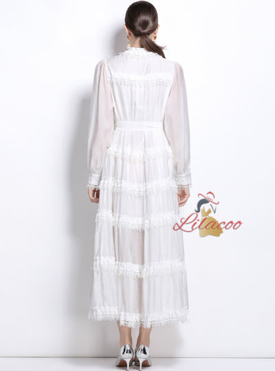 Women Lace Long Sleeve Button Dress