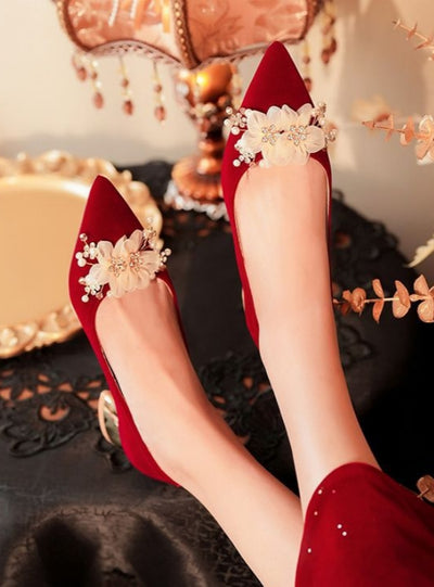 Short Heel Suede Pointed Red Wedding Shoes