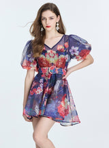 Retro Print Mini Bubble Sleeve Dress