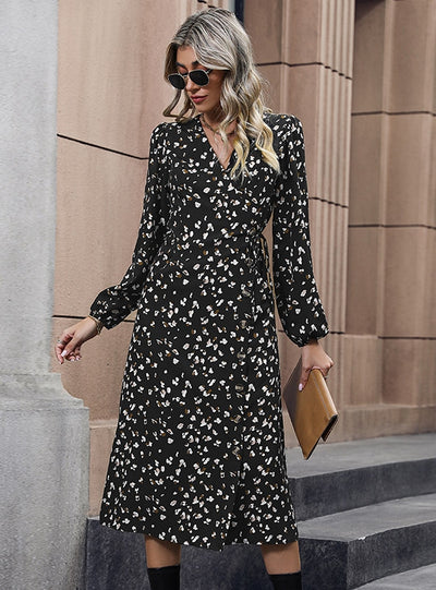 Black Printed V-neck Long Sleeve Dress