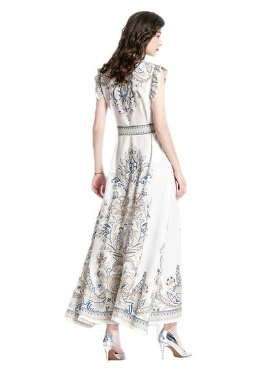 Palace Style Lapel Sleeveless Print Long Dress