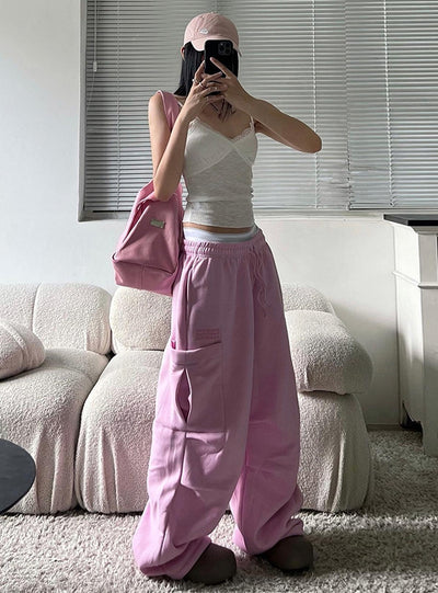 Pink Pocket Drawstring High Waist Pant