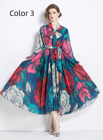 Retro Chiffon Printed Long-sleeved Big Swing Dress