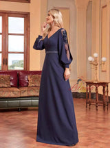 Navy Blue Long Sleeve Beading Prom Dress