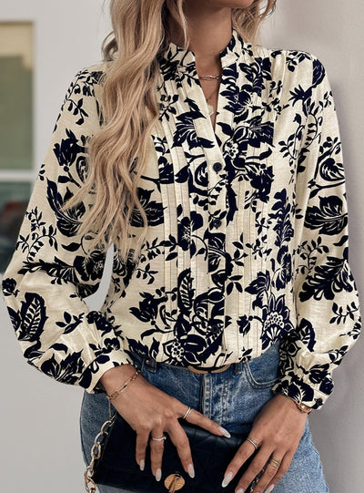 Retro Printed Shirt Stand-up Collar Top