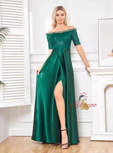 Green Short Sleeve Sequins Prom Dress