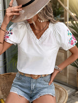 Embroidered V-neck White Shirt