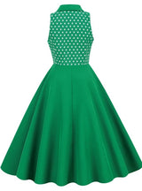 Lapel Sleeveless Polka Dot Green Retro Dress