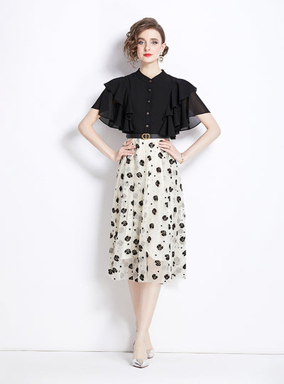 Retro Black Mosaic Floral Short Sleeve Dress