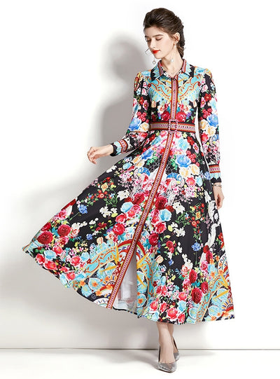 Long-sleeved Lantern Sleeve Printed Dress