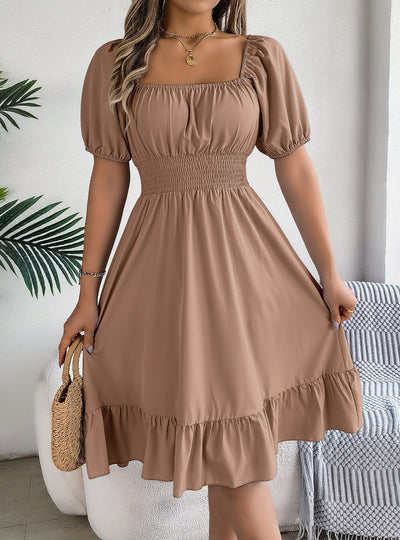 Casual Square Collar Short Sleeve Ruffled Dress