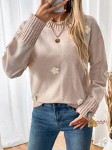 Flower-decorated Knitted Turtleneck Sweater