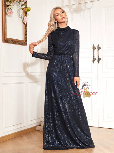 Navy Blue Sequins Long Sleeve Prom Dress