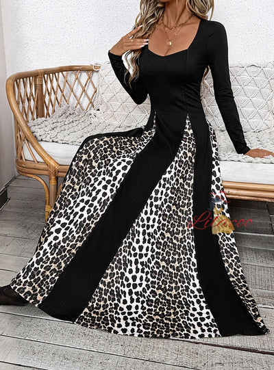 Leopard Print Stitching Retro High Waist Long Sleeve Dress