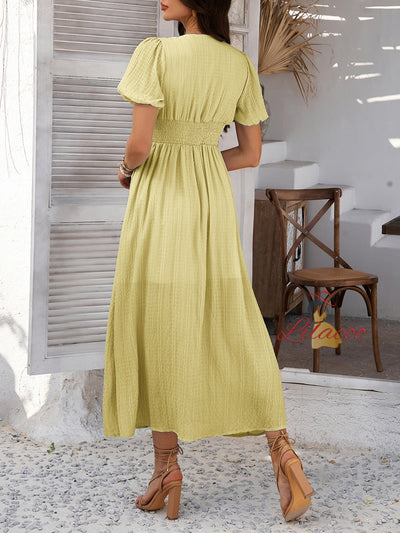 Holiday Style V-neck High Waist Short Sleeve Split Dress