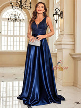 Deep V-neck Satin Sequins Prom Dress