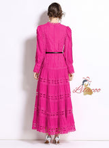 Round Neck Lantern Sleeve Long Lace Dress