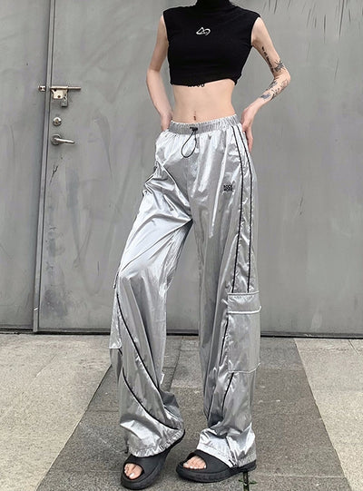 Pocket Silver Glossy High Waist Slacks