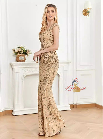 Gold V-neck Sequins Mermaid Prom Dress