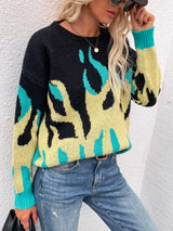 Medium and Long Round Neck Printed Loose Sweater