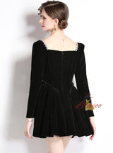 Square Neck Long-sleeved Crystal Velvet Dress